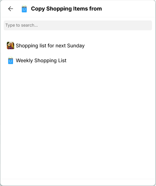 Shopping list selection form