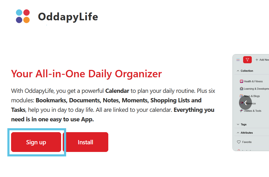The Sign up button on oddapy.com