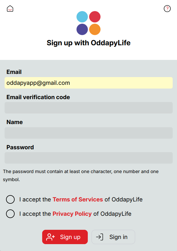 The Sign up form