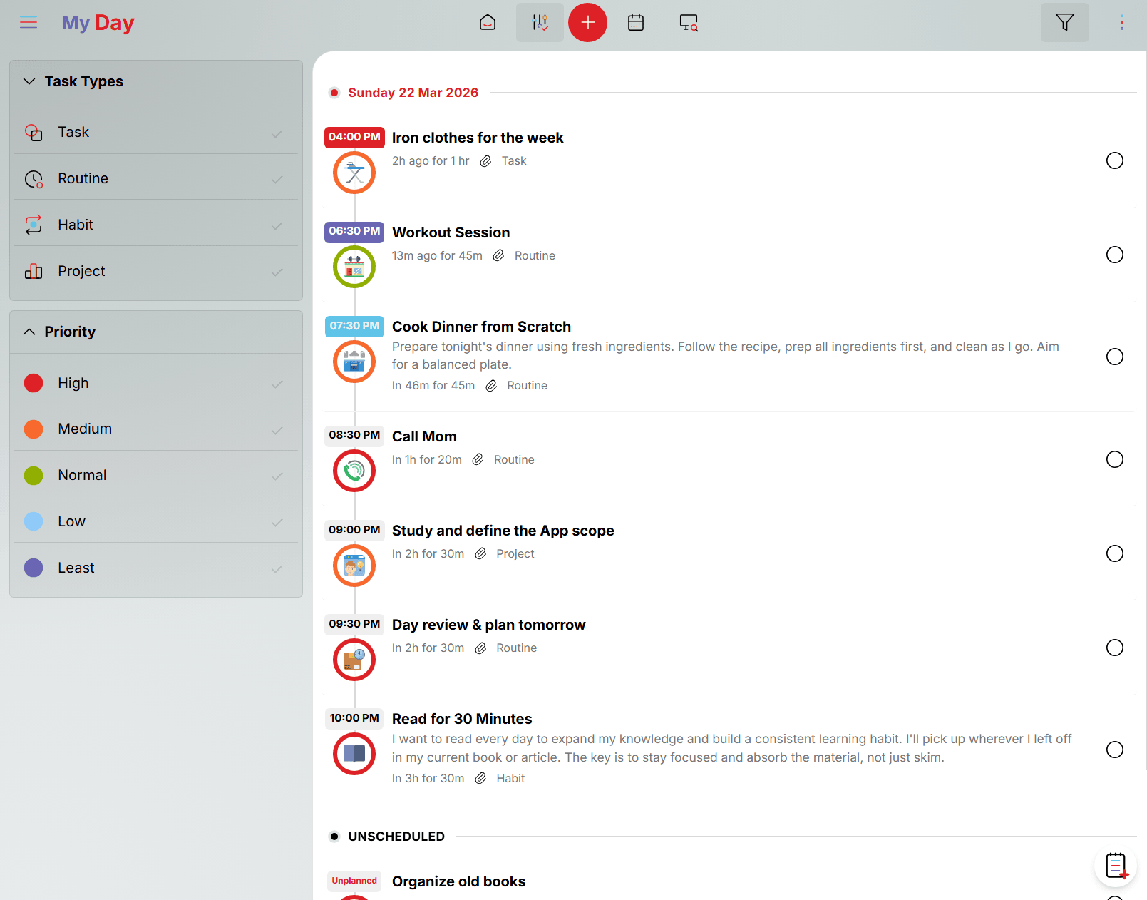 Oddapy MyDay daily timeline showing overdue, current, and upcoming tasks with priority indicators and completion controls