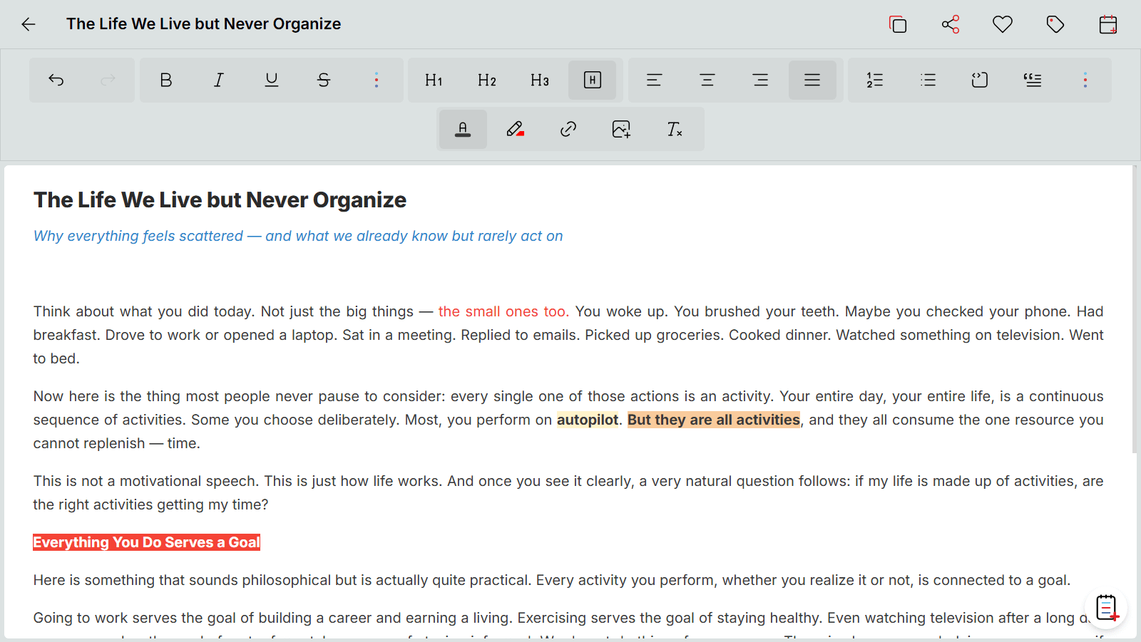 Oddapy Notes rich text editor with formatting toolbar showing bold, italic, headings, lists, and color options