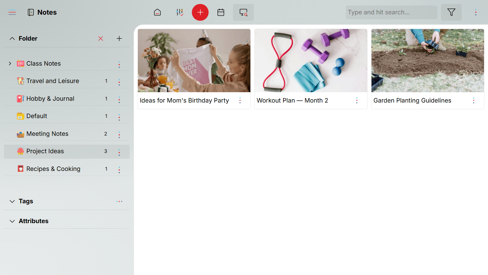 Oddapy Notes folder tree with nested folders and tag filter bar for cross-cutting note discovery
